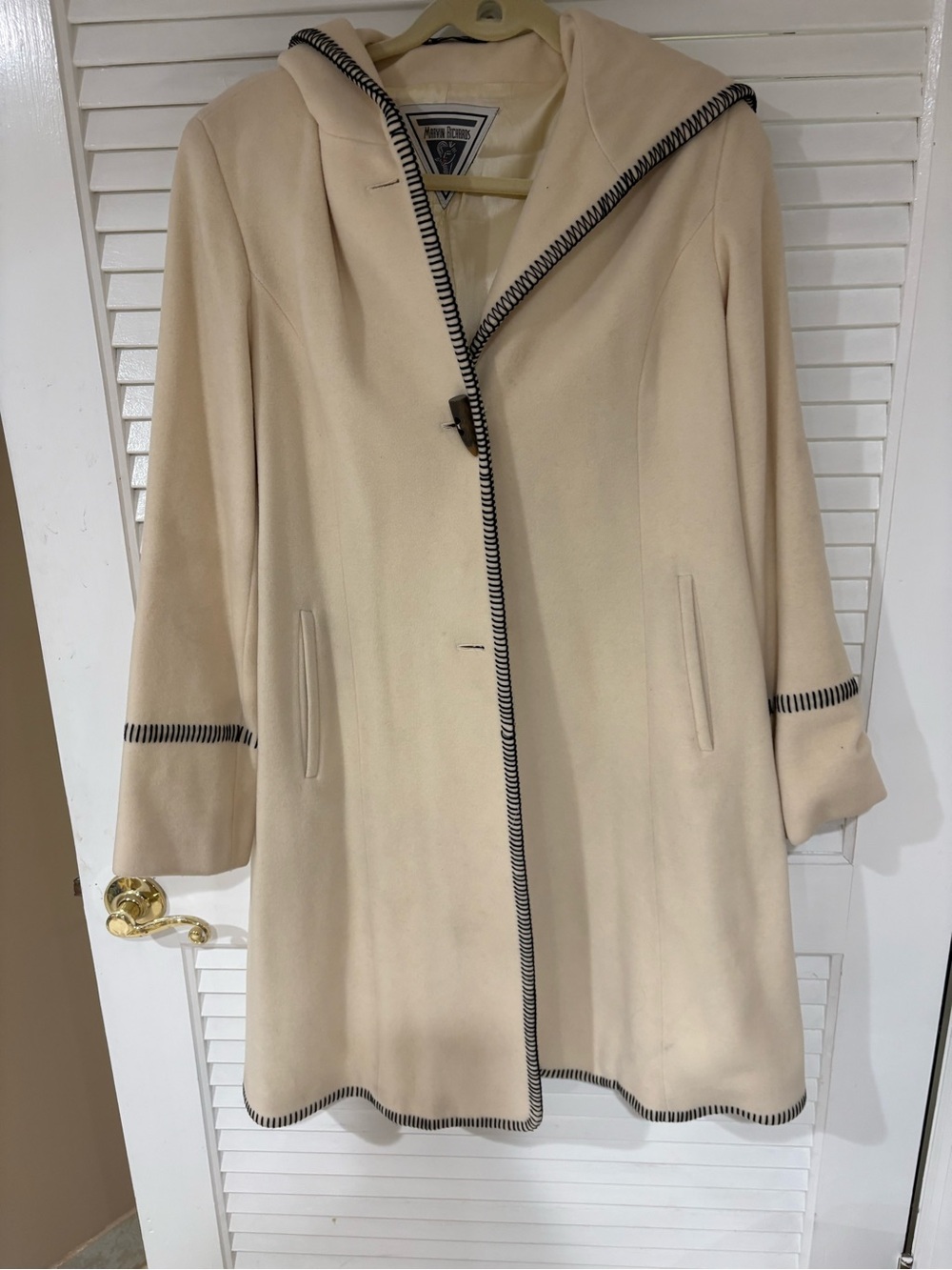 Marvin Richards Cream Hooded Wool Coat with Black Trim